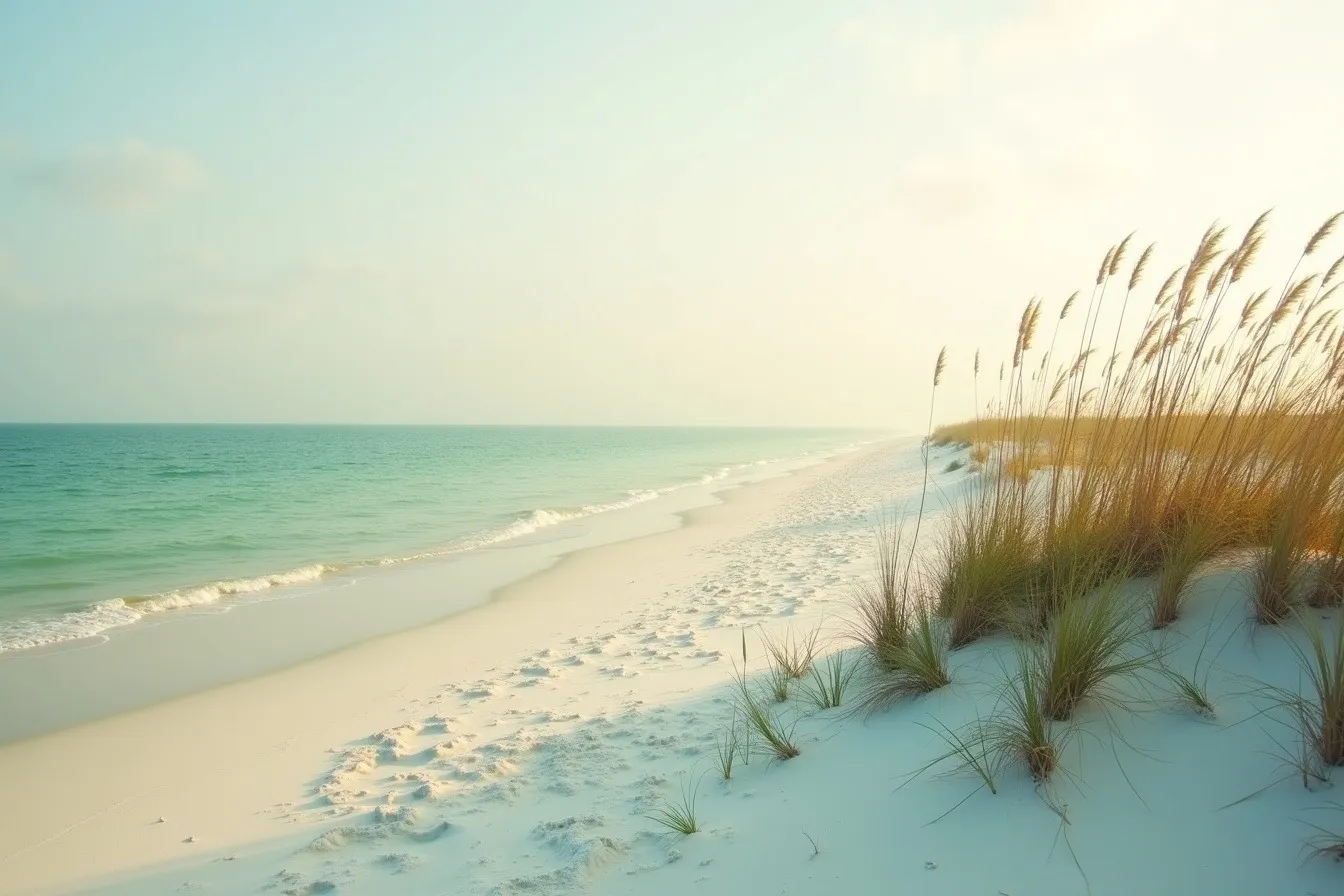Emerald-green Gulf water and white sand dunes along the Okaloosa County coast
