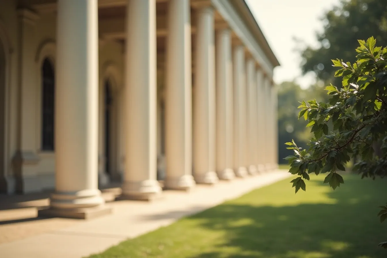 Sunlit courthouse colonnade framed by live oak leaves